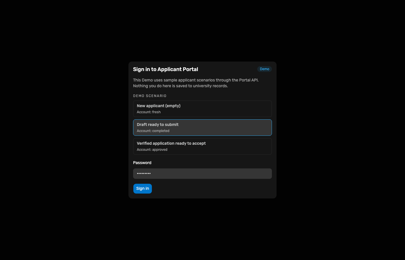 Applicant Portal sign-in with completed scenario selected