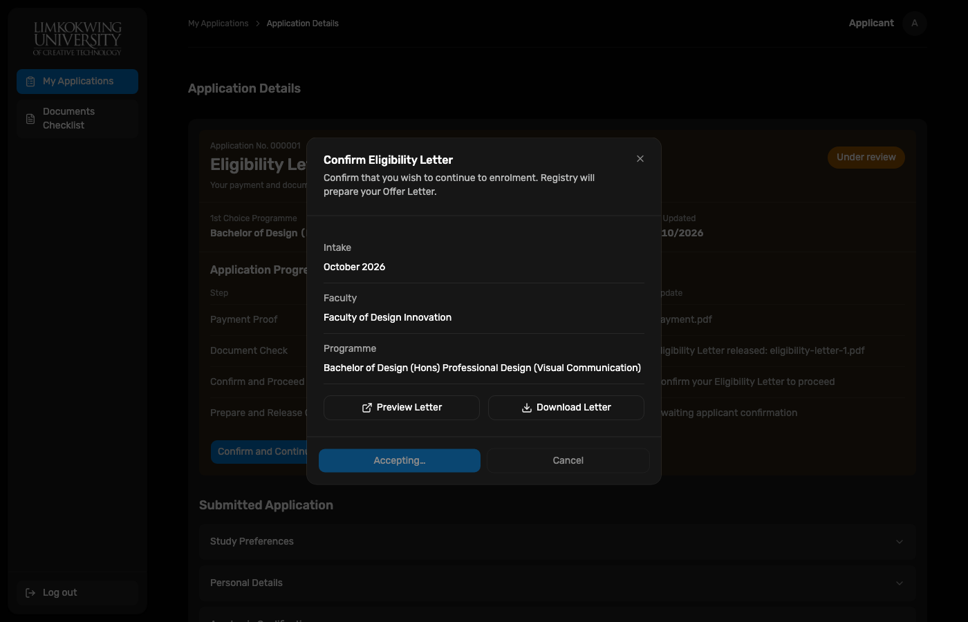Applicant Confirm Eligibility Letter popup