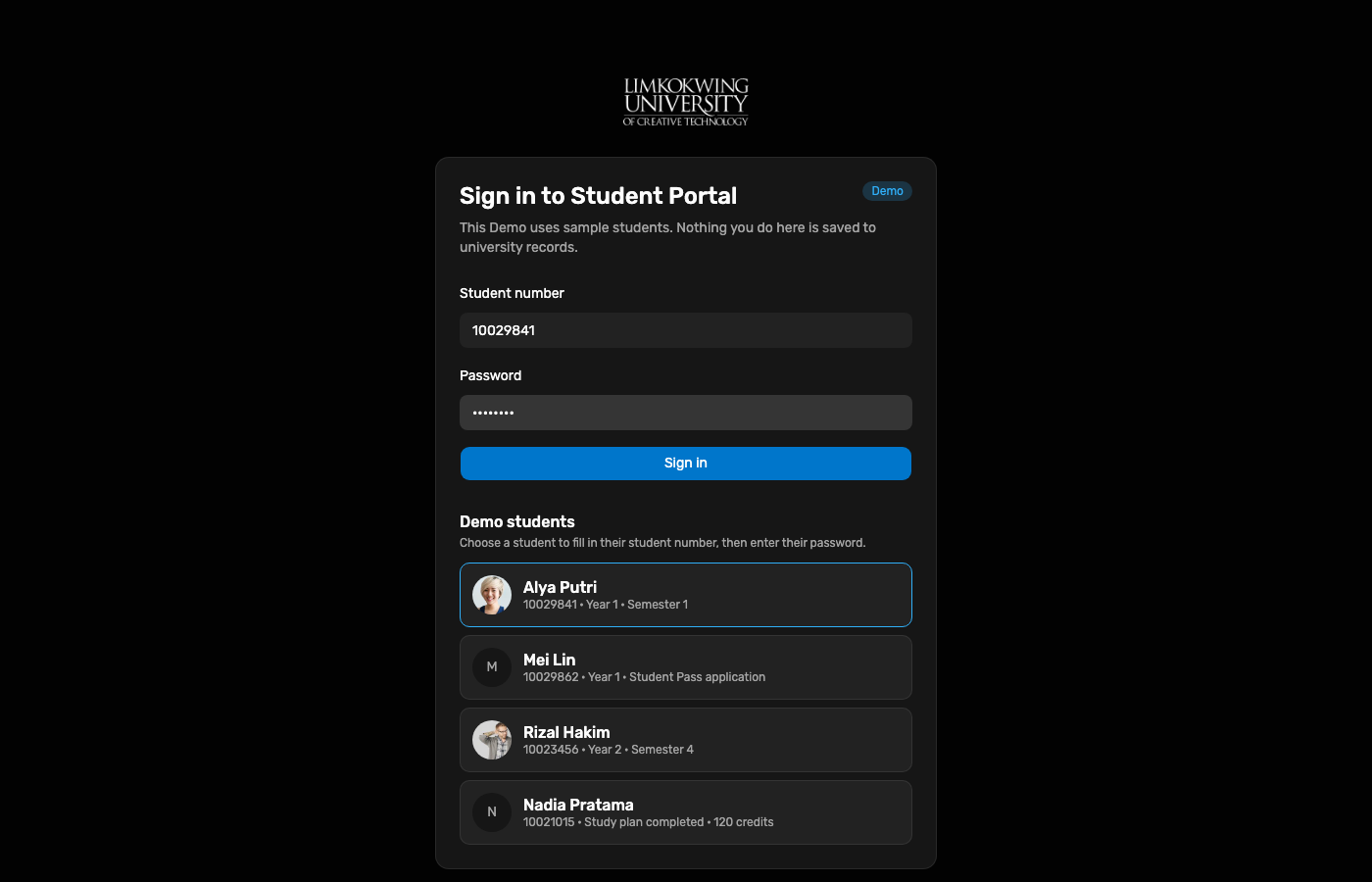 Student Portal sign-in for Alya Putri