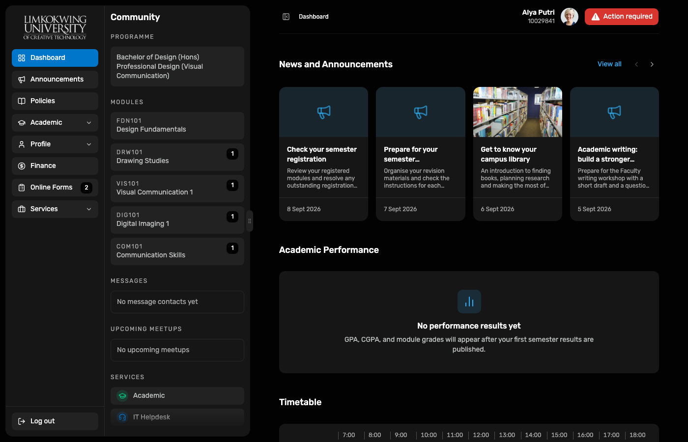 Student Portal dashboard for Alya Putri