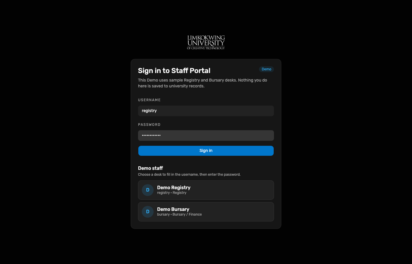 Staff Portal Registry sign-in